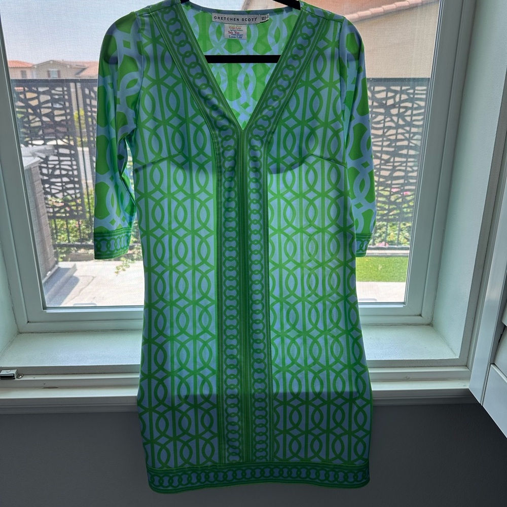 GRETCHEN SCOTT Dress V-neck Elbow Sleeve Stretch Blue Green Women's Size XS